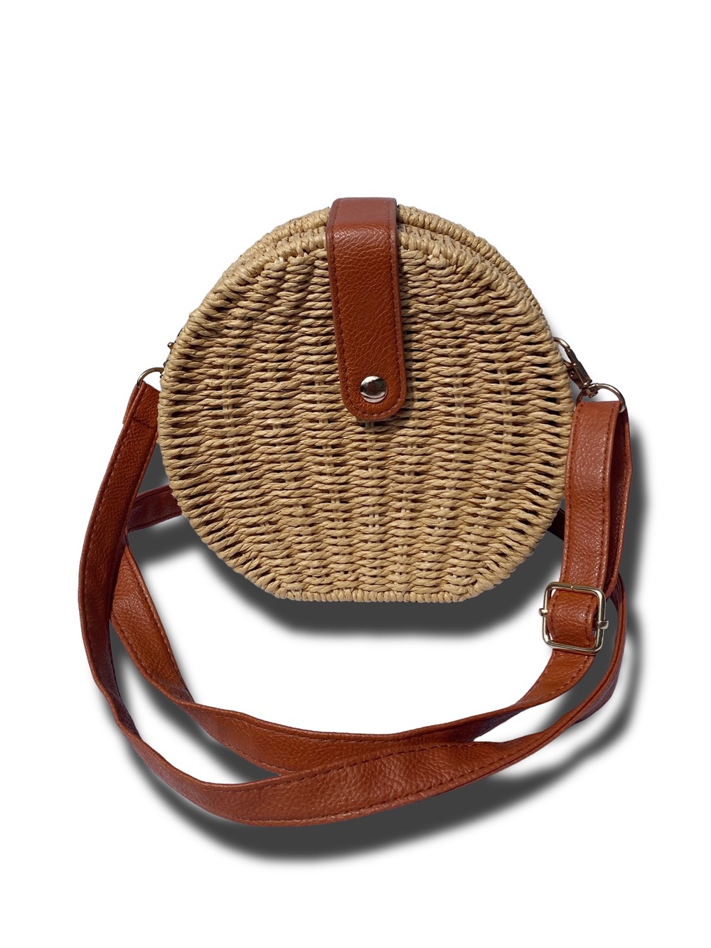 💎 FREE 💎 With Purchase Woven Round Rattan Crossbody Bag Brown Faux Leather Strap